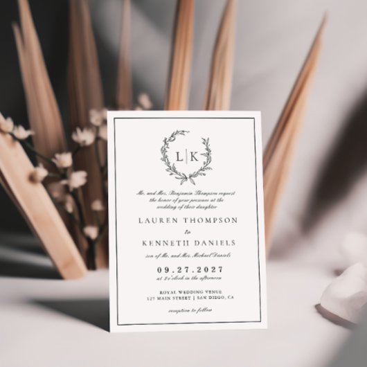 Invitation Monogramme Formel de Feuille de Couronne Noir Blan