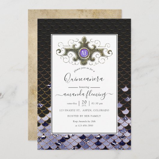Invitation Monogramme Gemstone Mermaid Quinceañera (Devant / Derrière)
