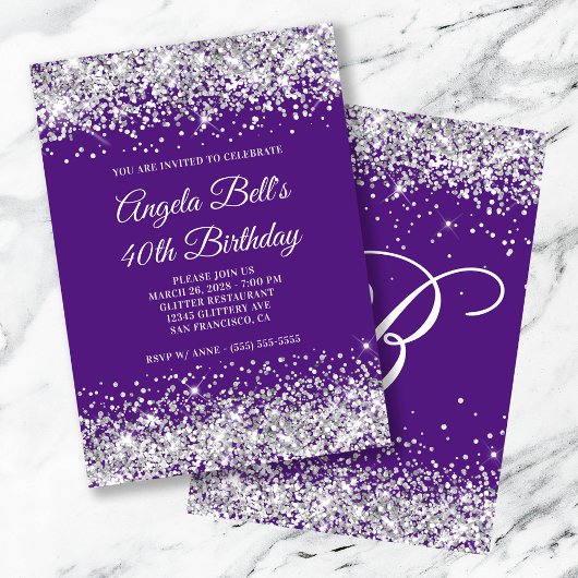 Invitation Monogramme Glitter Argent Violet Royal 40e Anniver