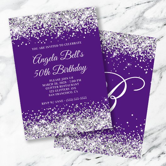 Invitation Monogramme Glitter Argent Violet Royal 50e Anniver