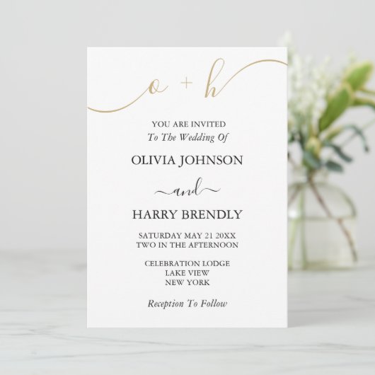 Invitation Monogramme Gold Script blanc (Debout devant)