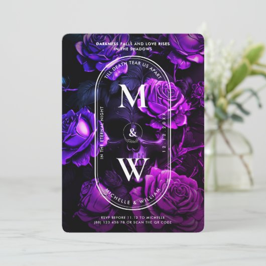 Invitation Monogramme gothique Mariage crâne foncé violet Ros (Debout devant)