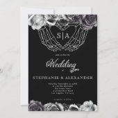 Invitation Monogramme gothique Rose Squelette Mariage main (Devant)