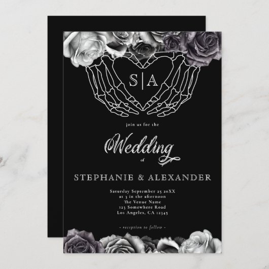 Invitation Monogramme gothique Rose Squelette Mariage main (Devant / Derrière)