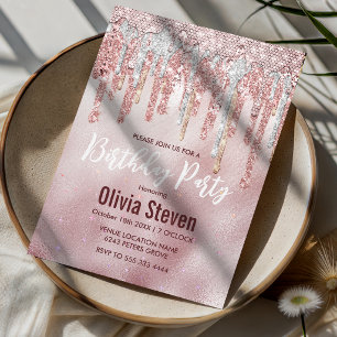 Invitation Monogramme gouttes de paillettes dorées rose chic