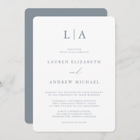 Invitation Monogramme gris bleu foncé Simple minimaliste Mari (Devant / Derrière)