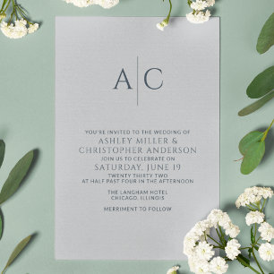 Invitation Monogramme gris bleu marine simple et acier Mariag