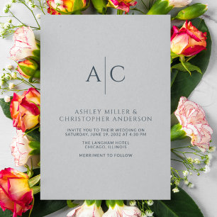 Invitation Monogramme gris bleu marine simple et acier Mariag