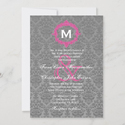 Invitation Monogramme gris et rose Damas Mariage V027B (Devant)