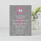 Invitation Monogramme gris et rose Damas Mariage V027B (Debout devant)