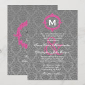 Invitation Monogramme gris et rose Damas Mariage V027B (Devant / Derrière)