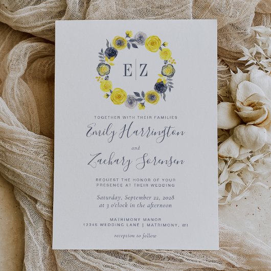 Invitation Monogramme Gris jaune Floral Mariage