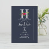 Invitation Monogramme H Initiale Moderne Fleur Bleue Mariage (Debout devant)