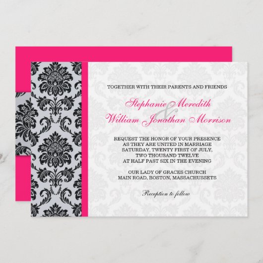 Invitation Monogramme Hot Rose Damask (Devant / Derrière)