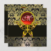 Invitation MONOGRAMME HYPER BUTTERFLY, rubis rouge gris damas (Devant / Derrière)