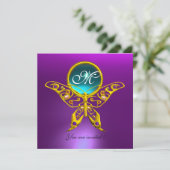 Invitation MONOGRAMME HYPER BUTTERFLY, violet, bleu, aquamari (Debout devant)