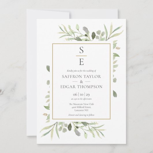 Invitation Monogramme Initiales Mariage de feuillage vert (Devant)