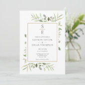Invitation Monogramme Initiales Mariage de feuillage vert (Debout devant)