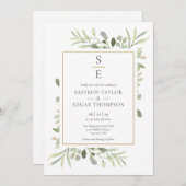 Invitation Monogramme Initiales Mariage de feuillage vert (Devant / Derrière)