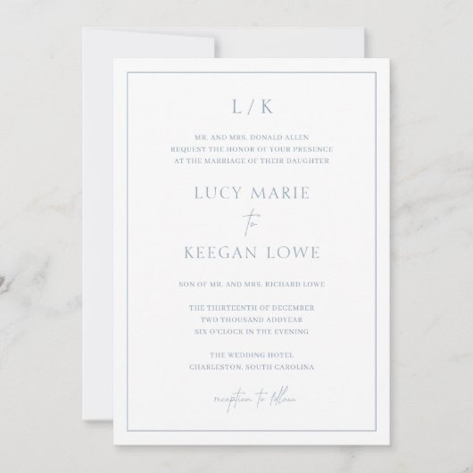 Invitation Monogramme intemporel Dusty Bleu élégant mariage (Devant)