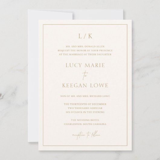 Invitation Monogramme intemporel ivoire et or mariage élégant (Devant)