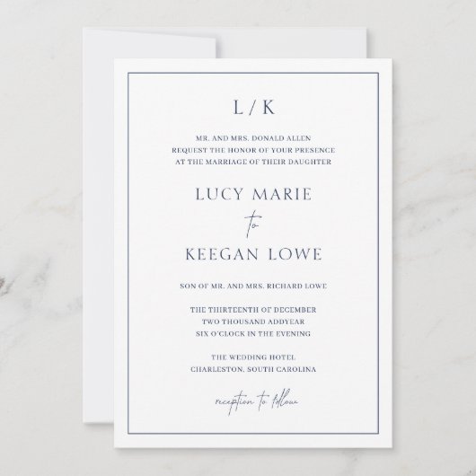Invitation Monogramme intemporel Marine Bleu Mariage élégant (Devant)