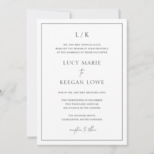 Invitation Monogramme intemporel Noir et blanc Mariage élégan (Devant)