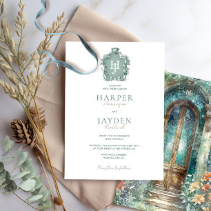 Invitation Monogramme intemporel, Vert, Bleu Mariage Turquois