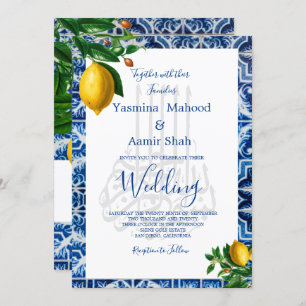 Invitation Monogramme islamique Bismillah Lemons Bleu Carreau