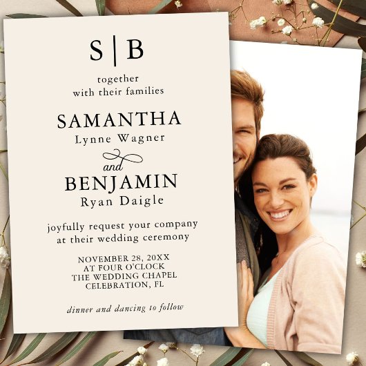 Invitation Monogramme ivoire classique Mariage photo