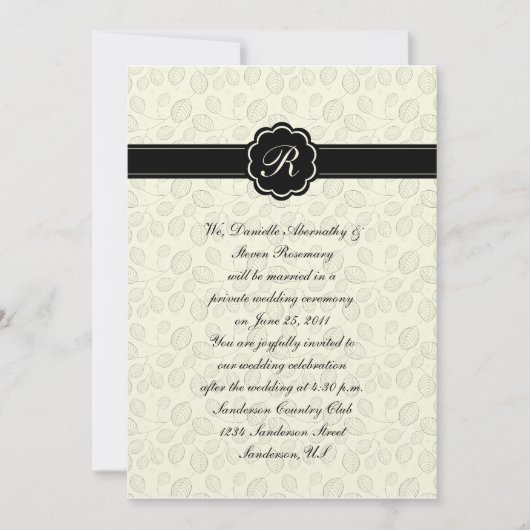 Invitation Monogramme ivoire et feuilles noires Cele Mariage (Devant)