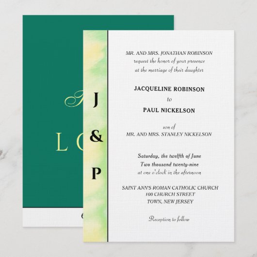 Invitation Monogramme Jaune Vert Tropical Minimaliste (Devant / Derrière)