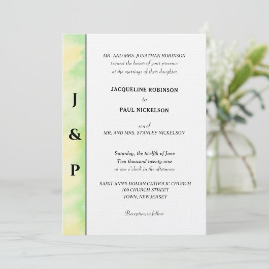 Invitation Monogramme Jaune Vert Tropical Minimaliste  (Debout devant)