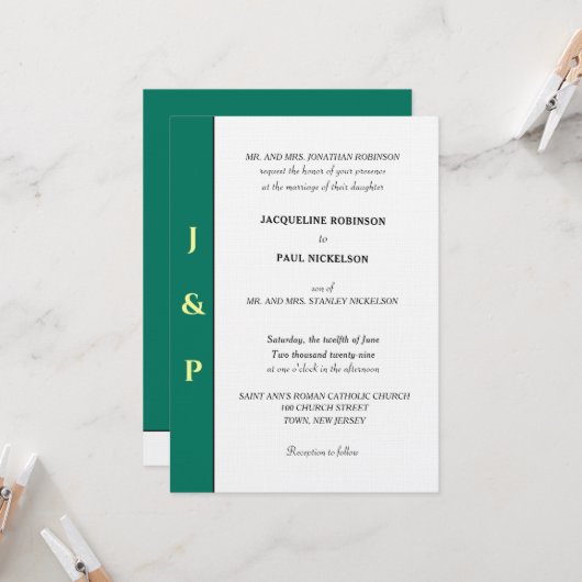 Invitation Monogramme Jaune Vert Tropical Minimaliste (Devant/Arrière en situation)