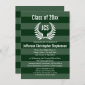 Invitation Monogramme Laurel Masculine Green Graduation (Devant / Derrière)