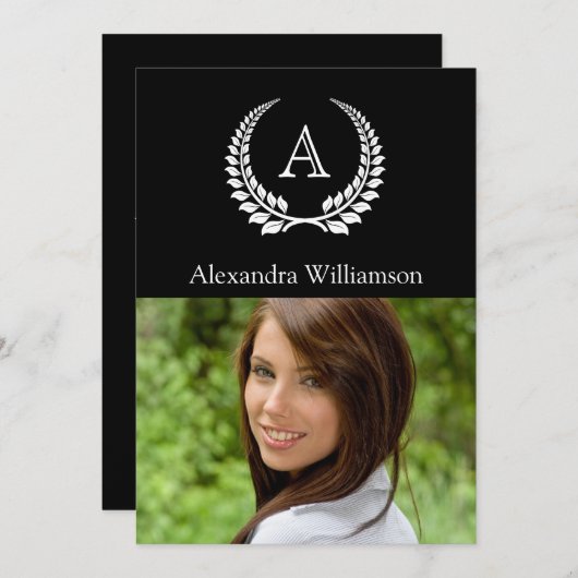 Invitation Monogramme Laurel Noir/Blanc (Devant / Derrière)