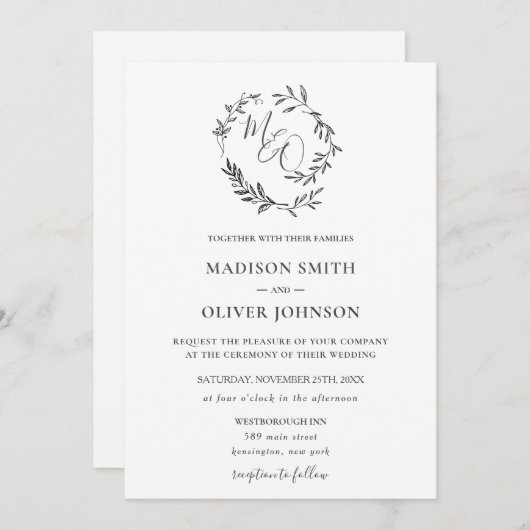Invitation Monogramme Laurel Wreath Moderne Mariage (Devant / Derrière)