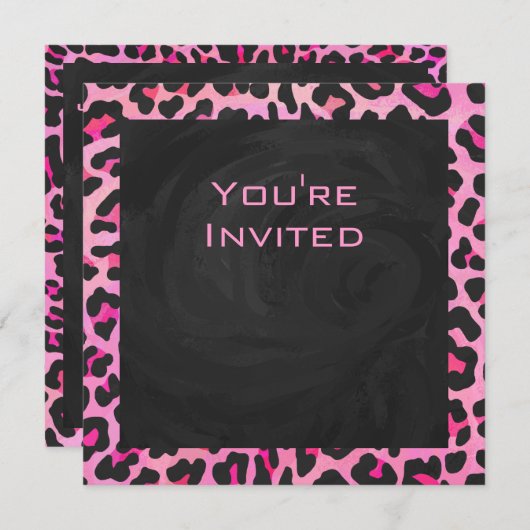 Invitation Monogramme Leopard noir et rose chaud (Devant / Derrière)