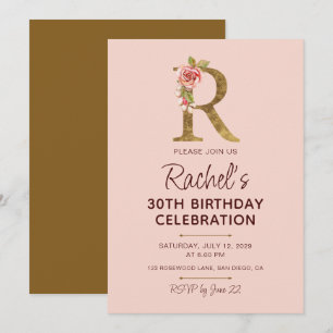 Invitation Monogramme Lettre R Or Roses Rose Pâle