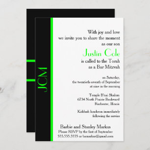 Invitation Monogramme Lime Green Barre noire Mitzvah
