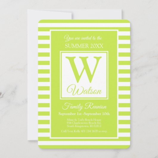 Invitation Monogramme Lime Green Stripes Summer Family Reunio (Devant)