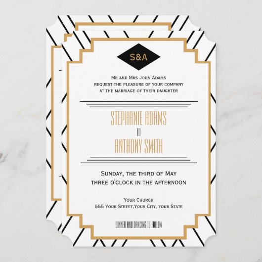 Invitation Monogramme Mariage Art déco noir, or et blanc (Devant / Derrière)