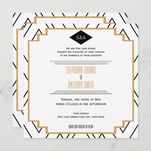 Invitation Monogramme Mariage Art déco noir, or et blanc (Devant / Derrière)