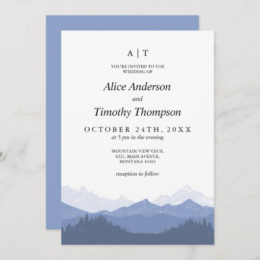 Invitation Monogramme Mariage Blue Mountains (Devant / Derrière)