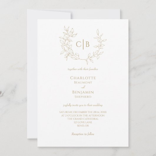 Invitation Monogramme Mariage classique de verdure or tout en (Devant)