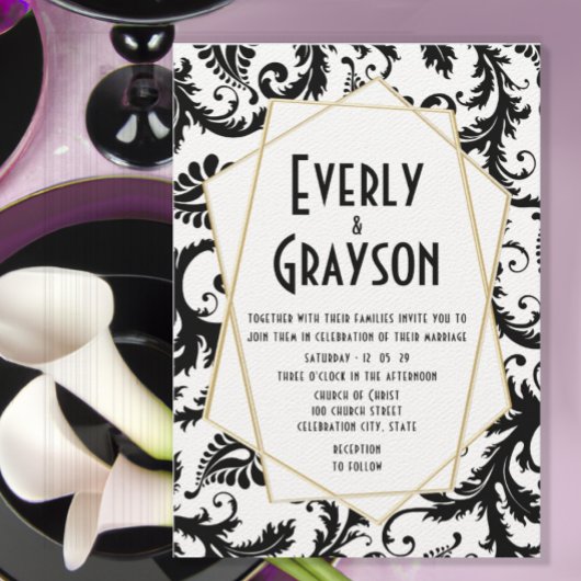 Invitation Monogramme Mariage damassé noir et blanc