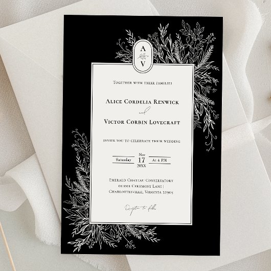 Invitation Monogramme Mariage de verdure noir et blanc
