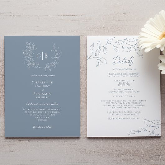 Invitation Monogramme Mariage Dusty Bleu Minimal Tout En Un
