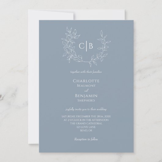 Invitation Monogramme Mariage Dusty Bleu Minimal Tout En Un (Devant)