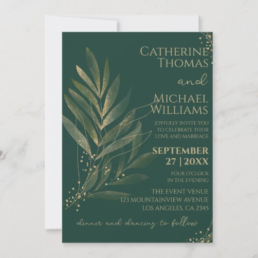 Invitation Monogramme Mariage Emerald Green Gold Leaf (Devant)